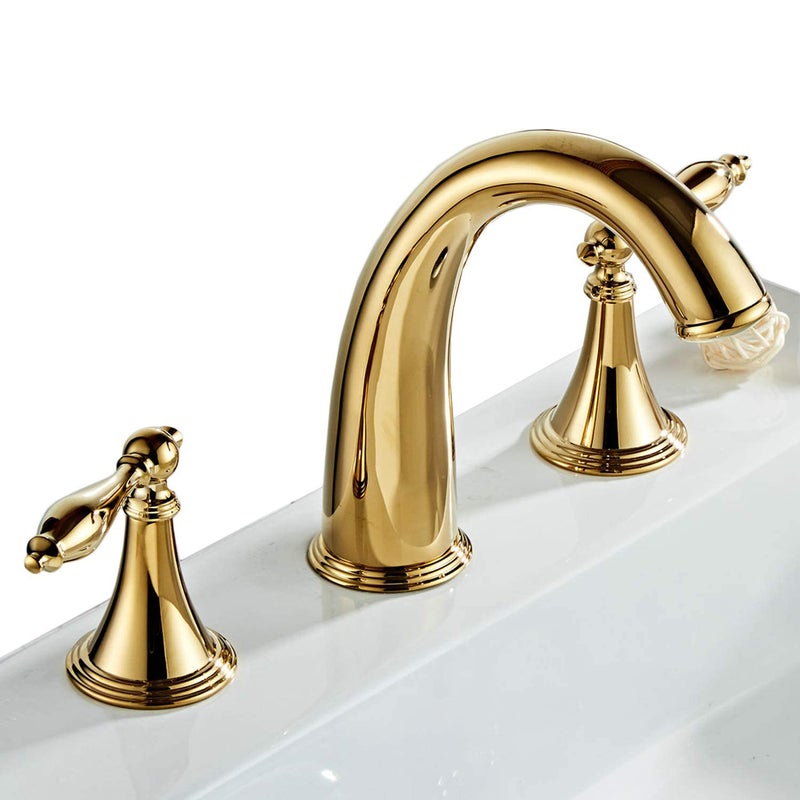 Beelee Gold Solid Brass Widespread Bathroom Faucet 3 Hole Two Handle Deck Mounted Faucet High Arc Lavatory Sink Taps with Ceramic Valve and 2 Hoses, Without Drain - Image 1